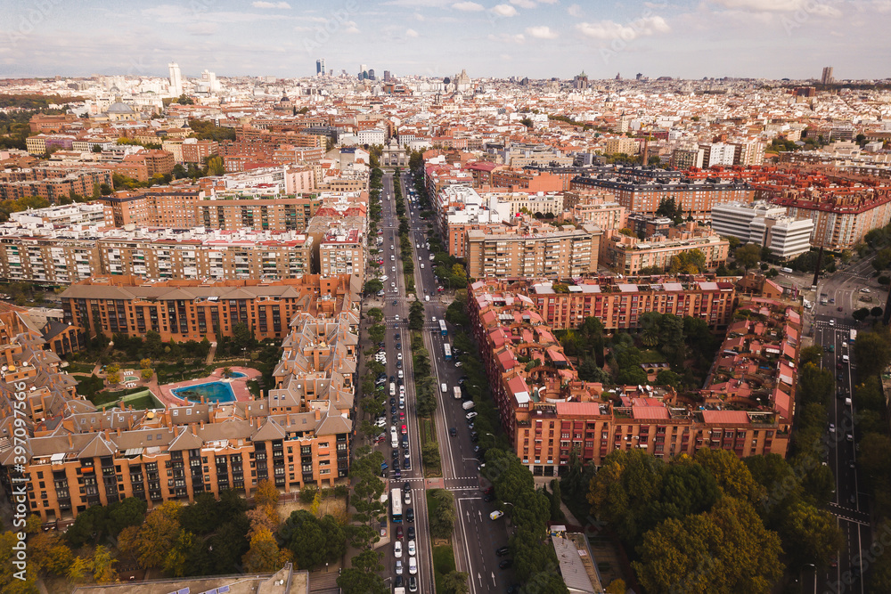 drone shot aerial look from above Spain Madrid capital view of the city buildings streets