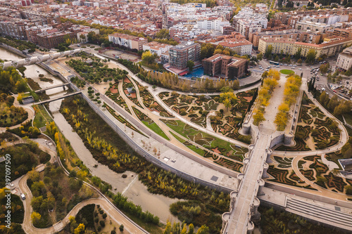 Cuadro en lienzo Toledo Bridge Puente de Toledo drone shot aerial look from above Spain Madrid ca