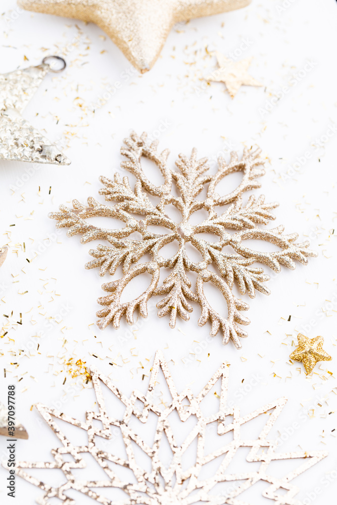 Fototapeta premium New Year celebration and Christmas background, Christmas decorations top view.