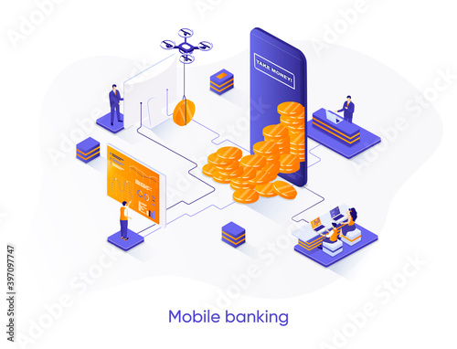 Mobile banking isometric web banner. Fintech mobile application for financial management isometry concept. Online payment and accounting 3d scene design. Vector illustration with people characters.
