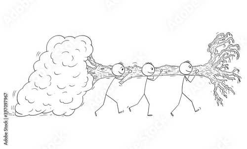Vector cartoon stick figure illustration of group of men carrying and moving full-grown tree to plant or replant it.Concept of nature, ecology,ecosystem or climate change.