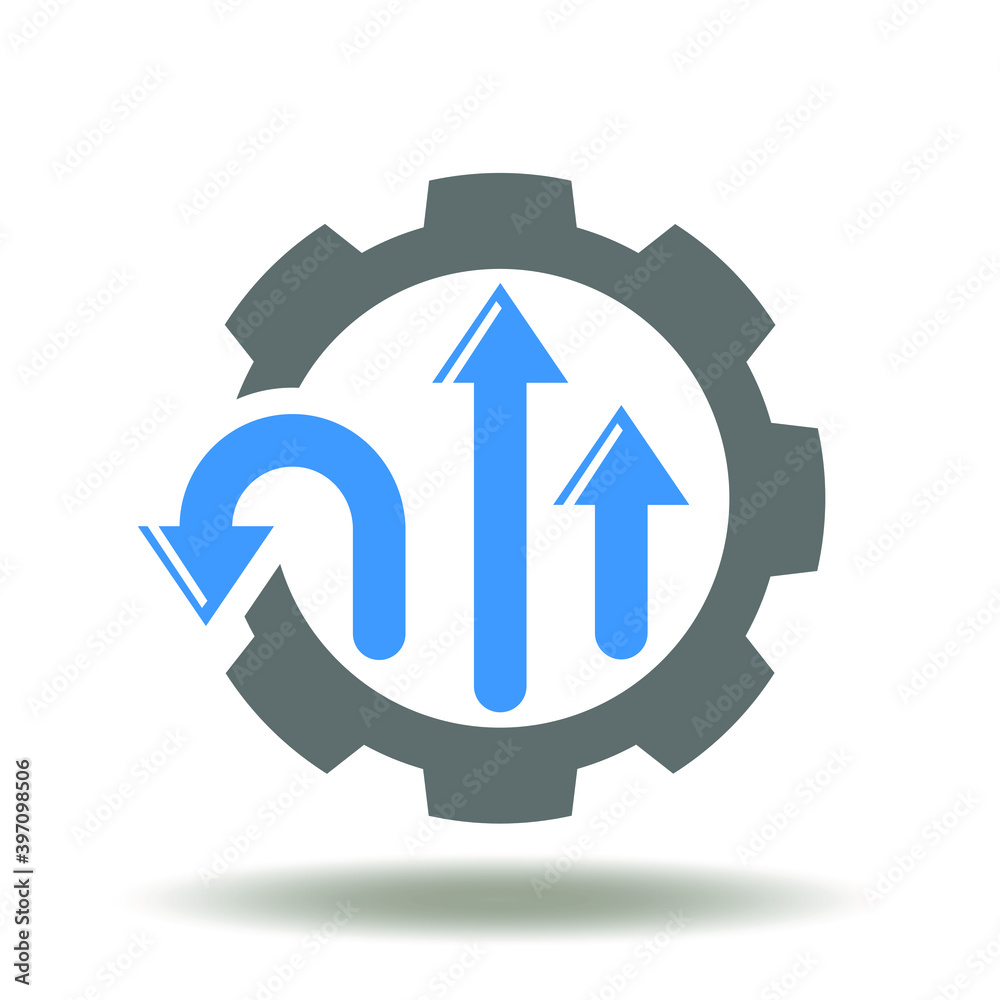 Cog wheel arrows different direction icon vector. Disruption symbol. Leadership sign. Think differently logo. Cog wheel arrows different direction icon vector. Disruption symbol. Leadership sign. Think differently logo.