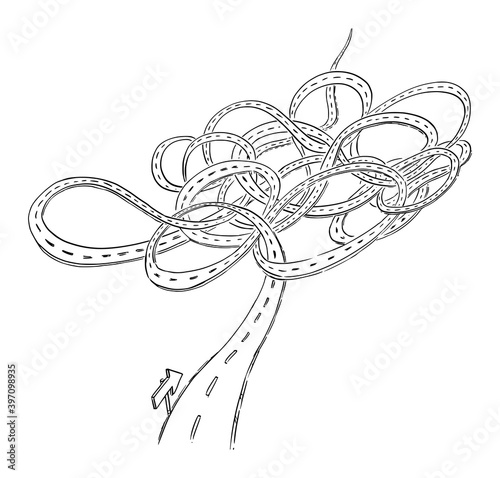 Complicated long path. Chaotic or messy road to future, career or success. Vector cartoon illustration. Overcoming obstacle in way.