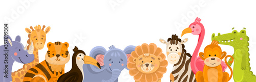 Illustration of various jungle animals for background in cartoon style. Colorful modern illustration with place for text, birthday greetings, horizontal banner for the holiday. Jungle animals for kids