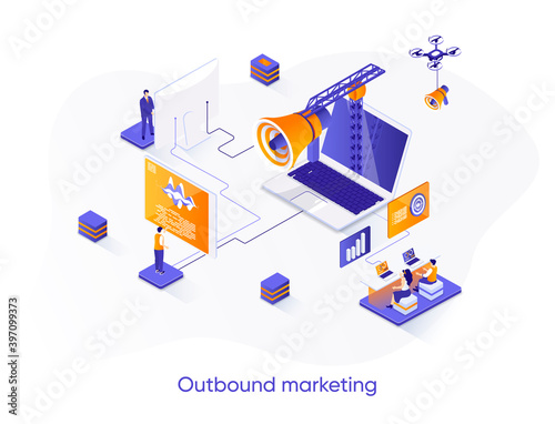Outbound marketing isometric web banner. Online advertising and promotion in social media isometry concept. Outbound marketing activities 3d scene design. Vector illustration with people characters.