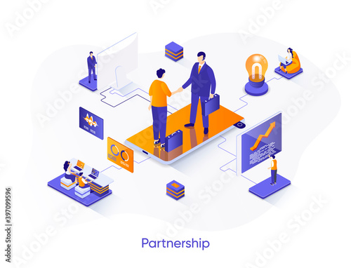 Business partnership isometric web banner. Business collaboration and partners agreement isometry concept. Effective teamwork and communication 3d scene. Vector illustration with people characters.