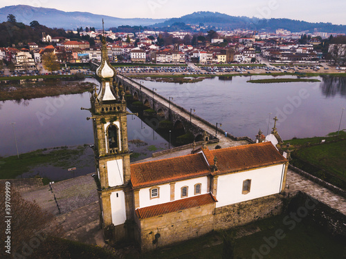 Ponte de Lima Limia Portuga evening hill mountains city village Ponte Romana Igreja de Santo António da Torre Velha drone shot look view from above aerial photo