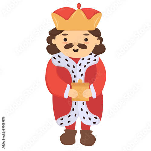 cute cartoon king prince character with the crown in red mantle holding the golden gift box. Vector illustration clip art isolated on white. Clip for kingdom, fairy tale, history, fantasy