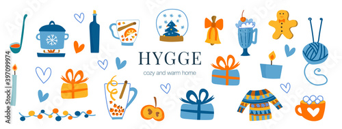 Vector set with cozy hygge home and interior items. Cute stickers for album decoration, photos, funny cartoon illustrations in blue, red and yellow colors. Gifts, drinks, comfort