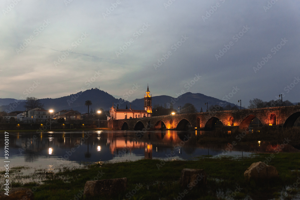 Obraz premium Ponte de Lima Limia Portuga evening hill mountains city village Ponte Romana Igreja de Santo António da Torre Velha