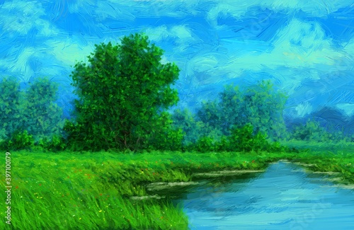 Oil paintings landscape with river and sky. Fine art.