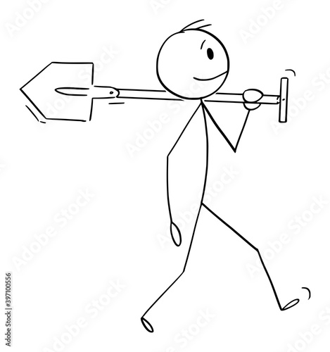 Vector cartoon stick figure illustration of man, gardener or worker walking with spade or shovel, going to work on garden, plant or dig hole.