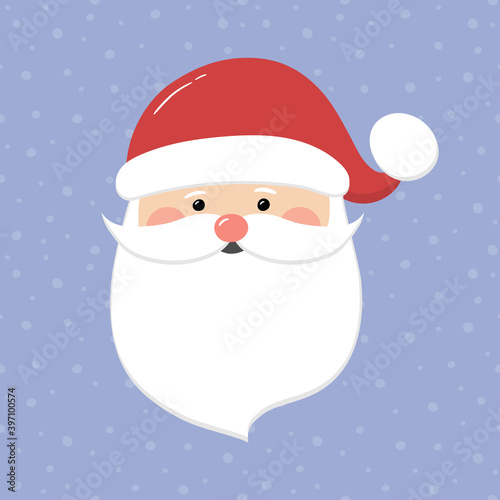 Happy Santa Claus head on background with snowflakes. Christmas decoration. Vector