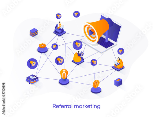 Referral marketing isometric web banner. Social network promotion isometry concept. Attraction of new customers 3d scene, referral program flat design. Vector illustration with people characters.