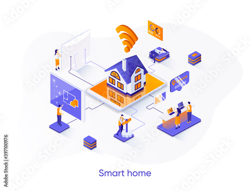 Smart home isometric web banner. Online home control, monitoring and management isometry concept. House system automatization technology 3d scene design. Vector illustration with people characters.