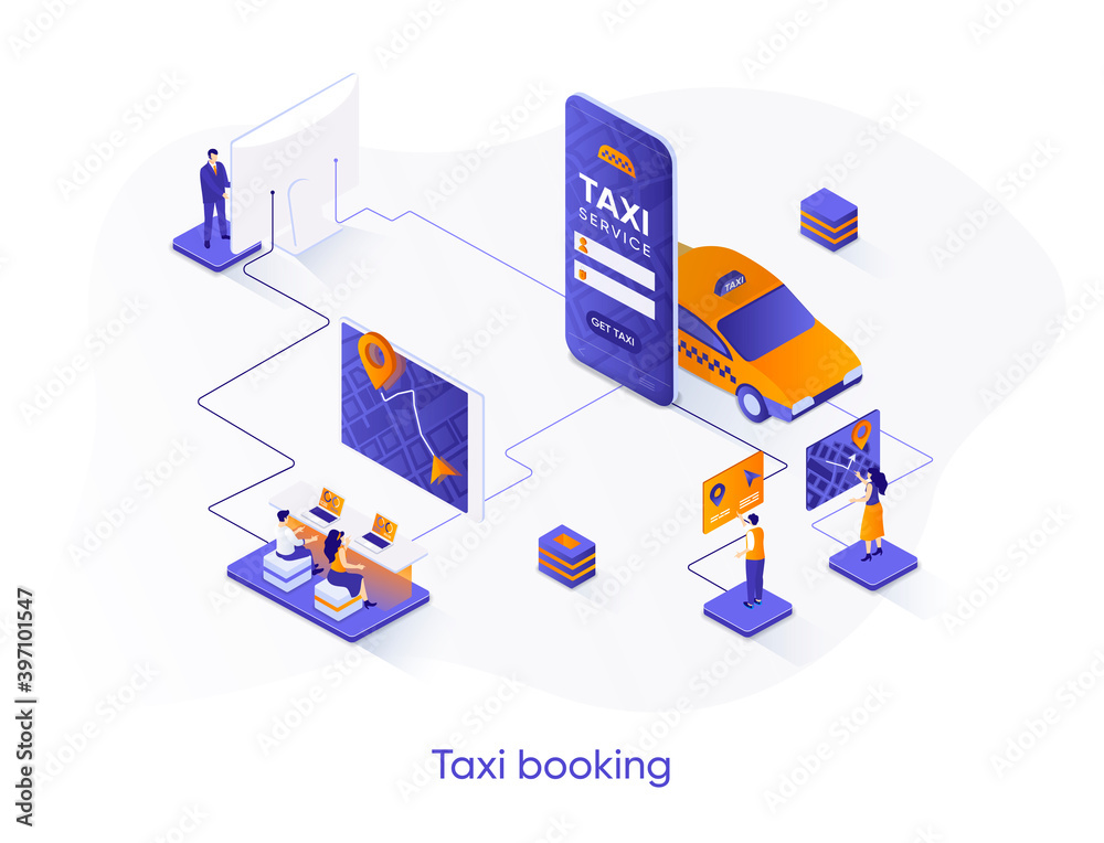 Taxi booking isometric web banner. Taxi service mobile application isometry concept. Online booking of passengers transportation, carsharing 3d scene design. Vector illustration with people characters