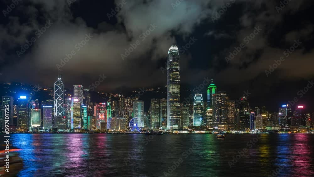 Hong Kong, China, timelapse view of famous Hong Kong skyline and Victoria Harbour at night. Hong Kong, China, timelapse view of famous Hong Kong skyline and Victoria Harbour at night.