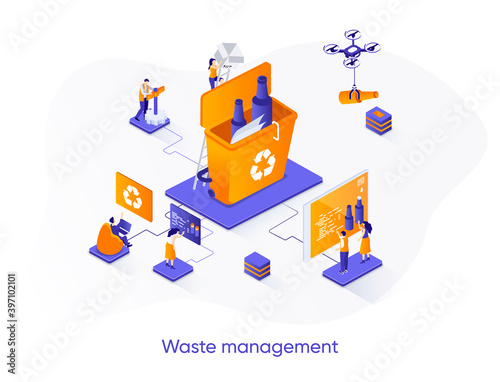 Waste management isometric web banner. Control and management of garbage utilization isometry concept. Waste collection, sorting and recycling 3d scene. Vector illustration with people characters.
