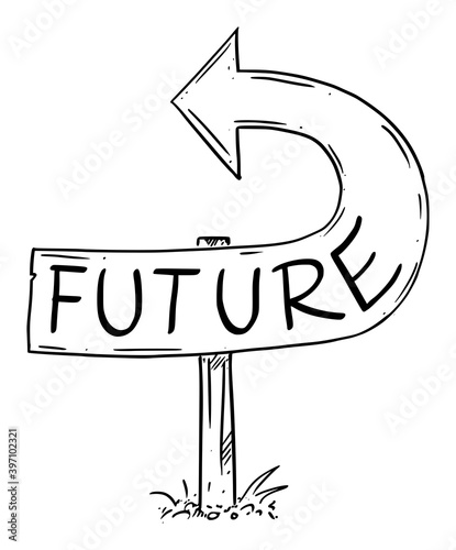 Vector cartoon illustration of future arrow sign bent back, pointing backward, showing wrong direction.Moving back to past, repeating human history.