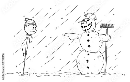 Vector cartoon stick figure illustration of frustrated man looking at mocking laughing snowman pointing at him.