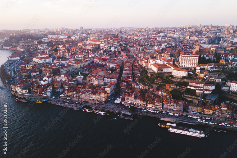 Porto Portugal view look from above drone shot aerial sunset violet Douru river