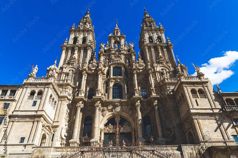 Fototapeta premium Santjago de Kompostela Spain Catedral de Santiago de Compostela blue sky sunny day sunlight shadows building church