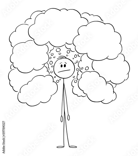 Vector cartoon stick figure illustration of thinking man or businessman with empty speech balloons or text bubbles around.