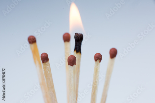 burning match on a light background close-up