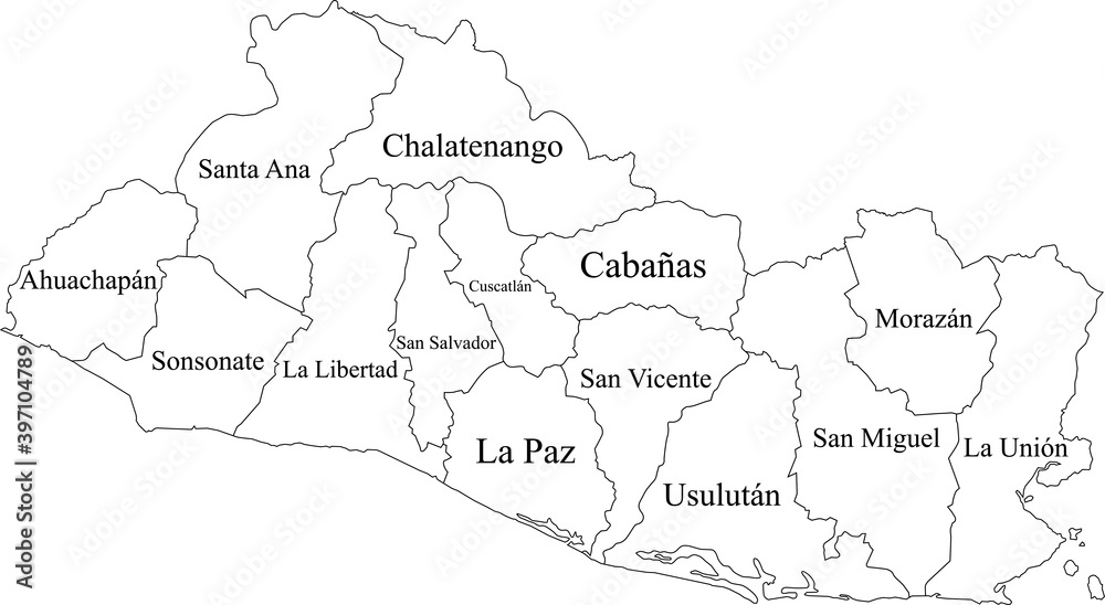 Obraz Biała mapa wektorowa Salwadoru z czarnymi obramowaniami i nazwami jego wydziałów