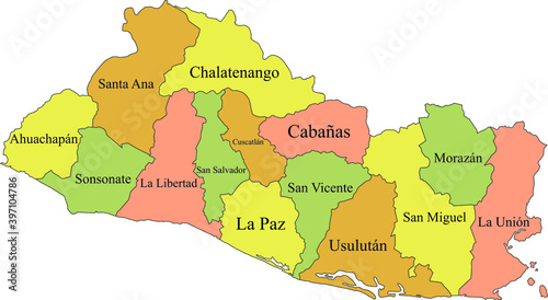 Pastel vector map of El Salvador with black borders and names of it's departments