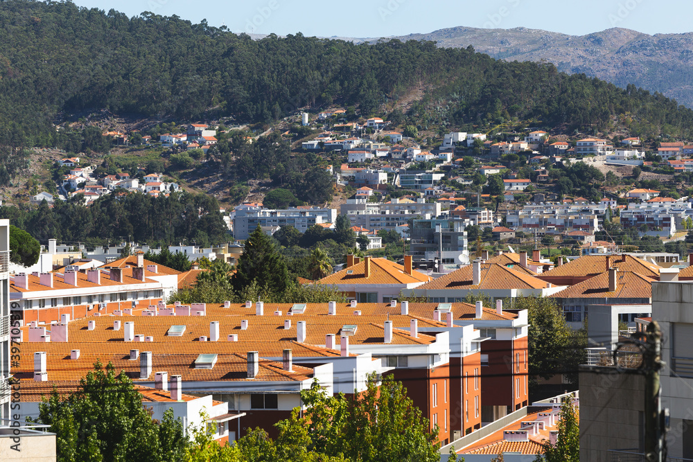 Viana do Castelo Portugal view over the city red orange roofs rooftops hill mountain 