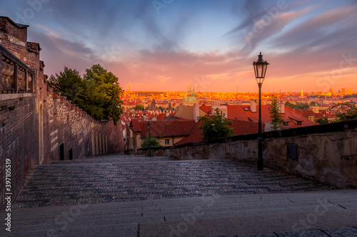 Picturesque historical Prague. Beautiful sunset over Prague, Prague Castle and Hradcany district, UNESCO World Heritage Site, Czech Republic