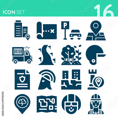 Simple set of 16 icons related to road