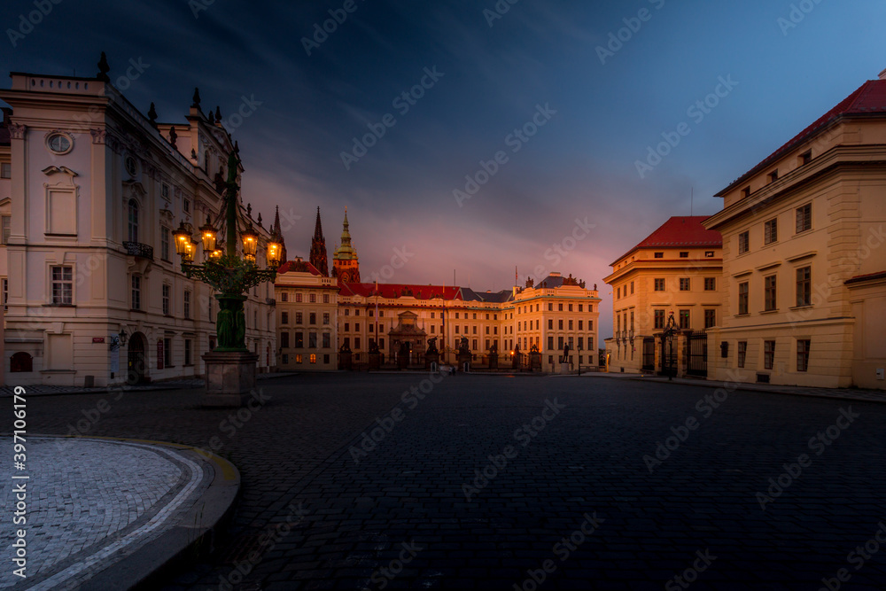 Naklejka premium Picturesque historical Prague, Beautiful sunset over Prague, Prague Castle and Hradcany district, UNESCO World Heritage Site, Czech Republic