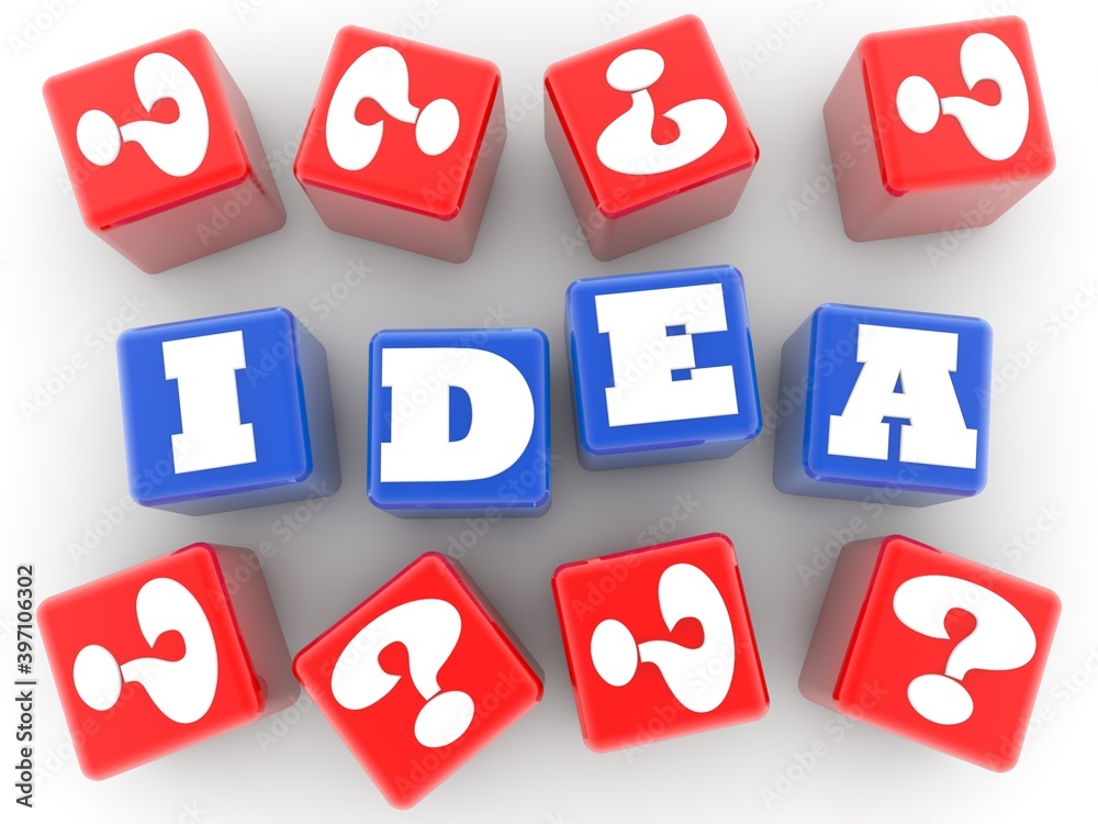 IDEA concept with question marks on blue and red toy blocks IDEA concept with question marks on blue and red toy blocks