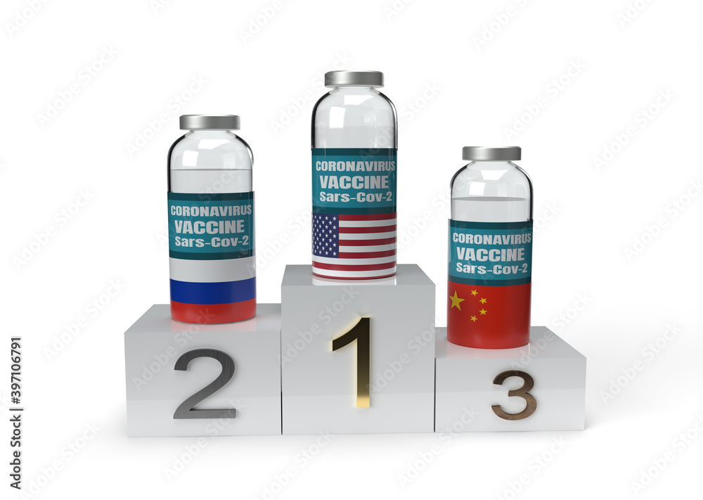 Obraz premium Coronavirus covid-19 vaccine bottles with concept of competition between countries