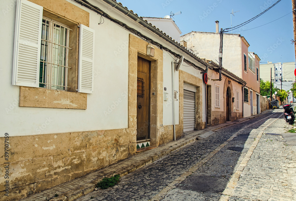 Empty street of the old town in Palma de Mallorca, Spain