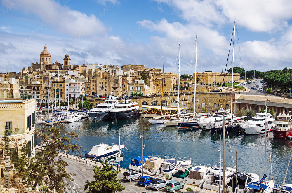 A lot of boats and yachts in the port of La Valletta, Malta