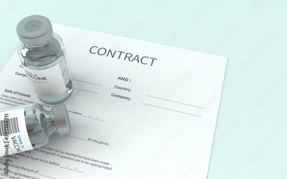 Fototapeta premium 3d rendering of Vaccine concept background. Vaccine and contract form illustration.