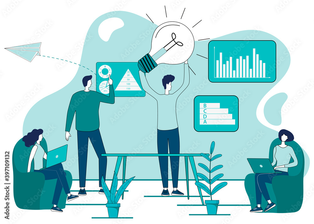 Brainstorming.Businessmen hold a meeting against the background of infographics.Light bulb as an idea.The concept of teamwork, leader influence, and brainstorming.Boss and office workers.Flat vector i