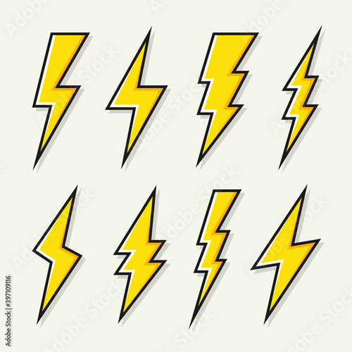 Yellow lightning bolt icons collection. Flash symbol  thunderbolt. Simple lightning strike sign. Vector illustration.