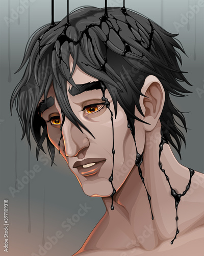 Representation of sadness, a man in the black rain. Vector cartoon illustration
