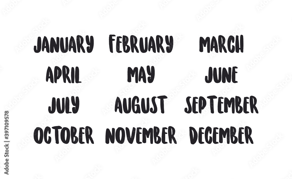 Handwritten names of months: December, January, February, March, April, May, June, July, August, September, October, November. Calligraphy words for calendars and organizers.