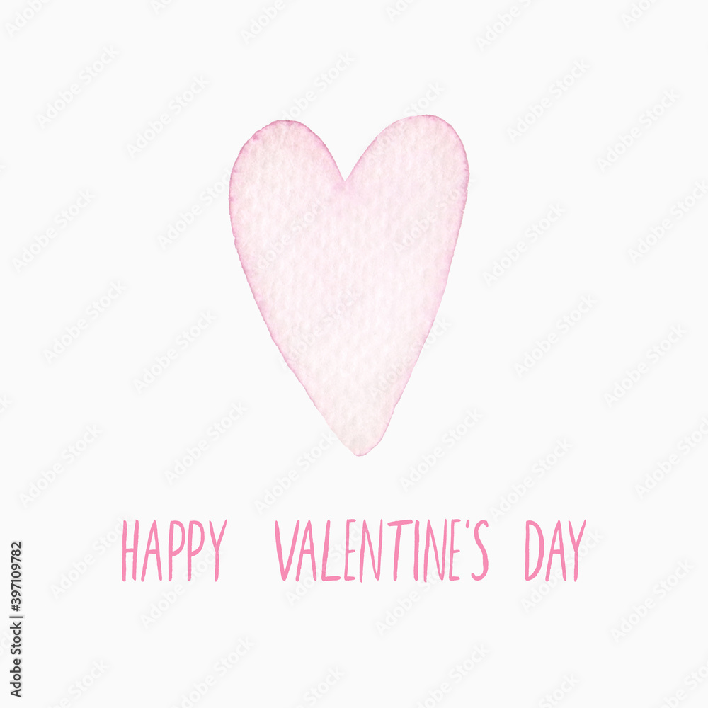 Happy Valentine's day hand drawn watercolor illustration with pink heart for design and decor.