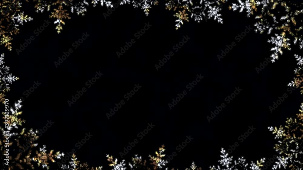 Silver & Gold Christmas snowflakes loop bokeh lights effect frame against a black background. Silver & Gold Christmas snowflakes loop bokeh lights effect frame against a black background.