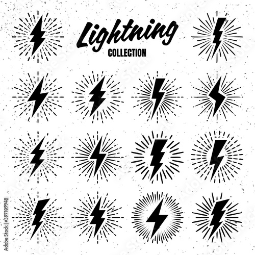Set of vintage lightning bolts and sunrays on grunge background. Lightnings with sunburst effect. Thunderbolt, electric shock sign. Vector illustration.
