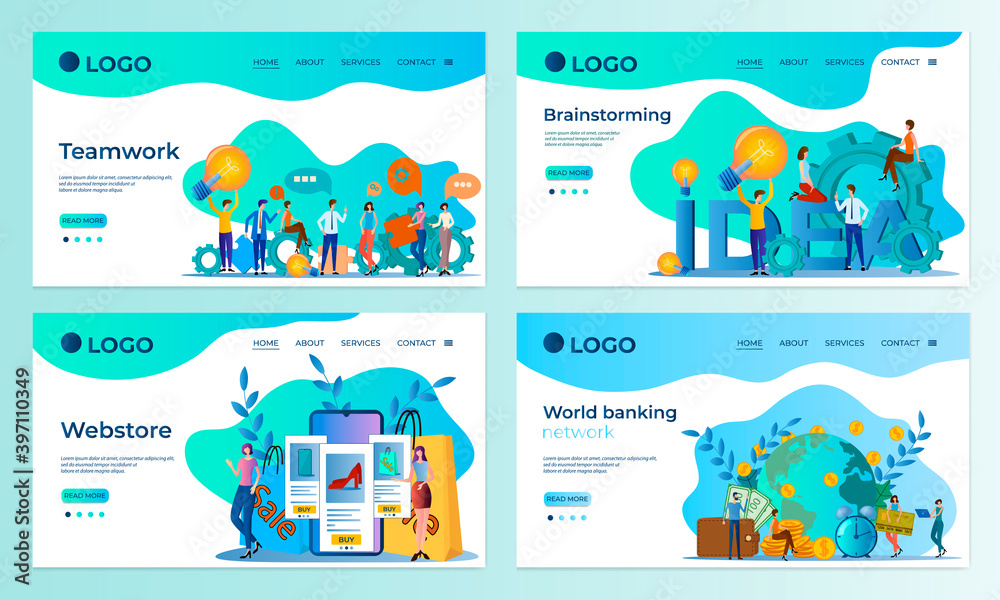 A set of landing page templates.Teamwork, Brainstorming,Online store, international banking network.Templates for use in mobile app development.Flat vector illustration.