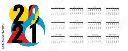 2021 new year calendar page with abstract geometric, diary desktop. Week Start Sunday. Business day and month planner template isolated on white. Vector mock up illustration