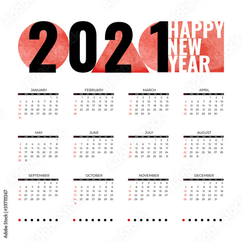 2021 new year calendar page with abstract geometric watercolor, diary desktop. Week Start Sunday. Business day and month planner template isolated on white. Vector mock up illustration