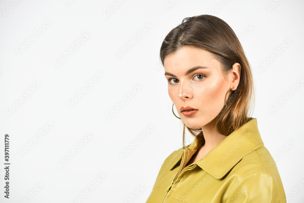 female skin care. fashion makeup and cosmetics. beauty look. casual fashion style. brunette woman with trendy makeup. sexy girl in leather jacket. sensual woman has pretty face. copy space female skin care. fashion makeup and cosmetics. beauty look. casual fashion style. brunette woman with trendy makeup. sexy girl in leather jacket. sensual woman has pretty face. copy space